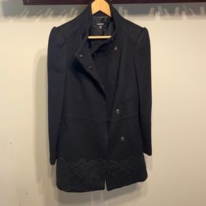 BEBE Black CASHMERE/WOOL Coat with lace detail, never worn, size large